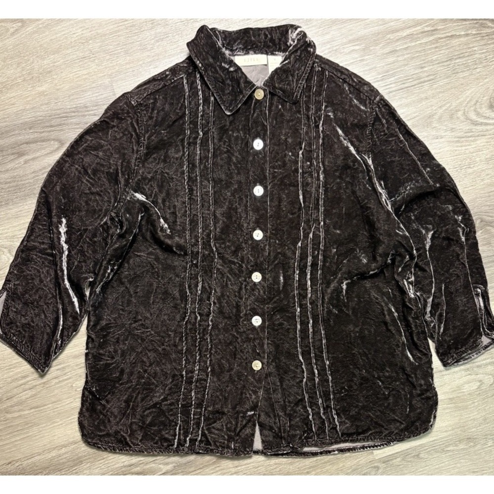 J. Jill Crushed Velvet Shirt Button Down Women's S Quiet Luxury Brown Artsy Boho